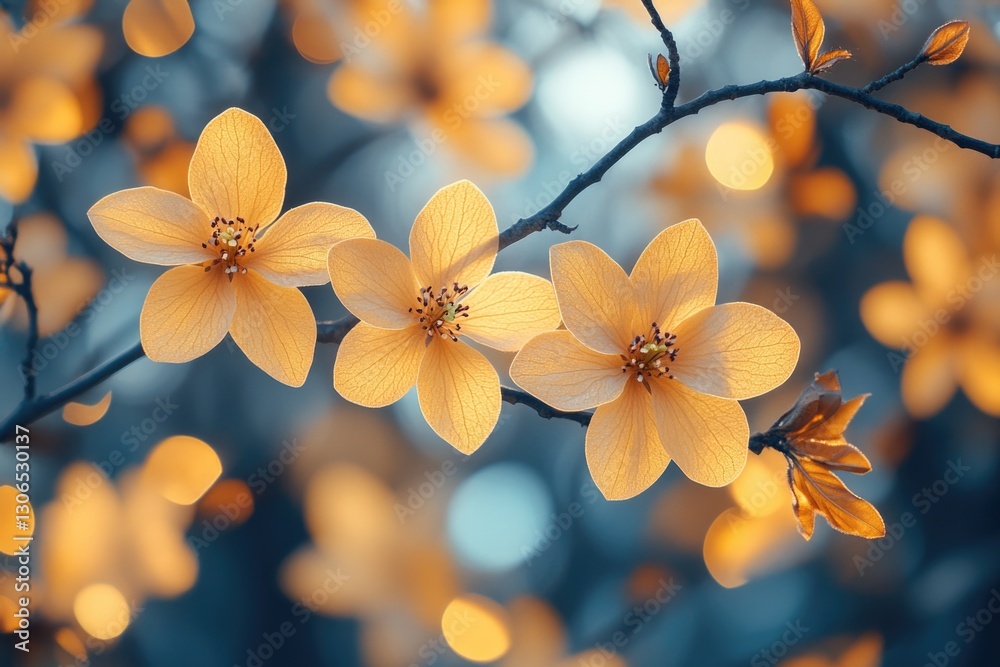 Poster a detailed shot of a tree branch adorned with a group of colorful flowers