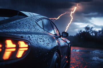 Powerful storm reveals sleek sports car illuminated by lightning in the night sky