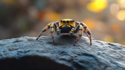 A close-up shot of a spider sitting on a rock, with intricate details