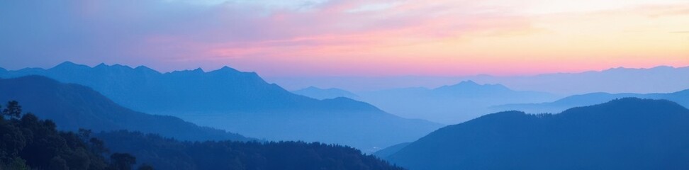 Obraz premium Gradient sky reflects off layered blue mountains with dew drops, gentle hues, gradient