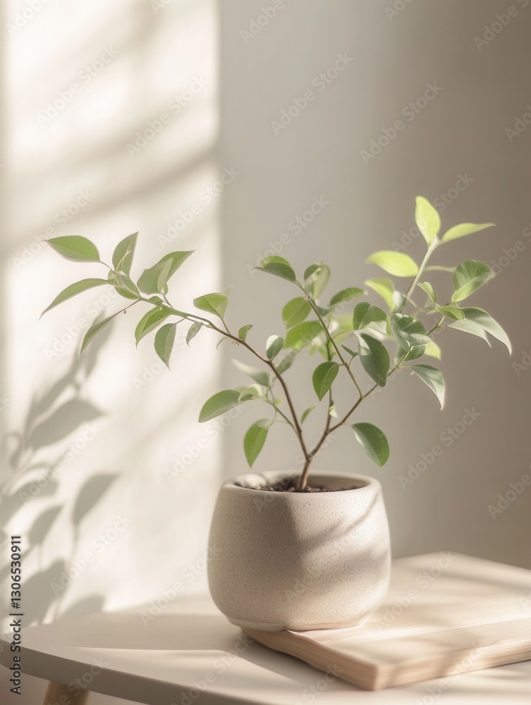 Poster indoor plant thrives in natural light beside soft shadows on a serene table setup generative ai