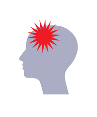 Headache, head silhouette with multi point star.