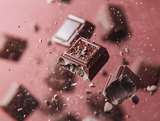 Close up of a falling chocolate in a pink background 