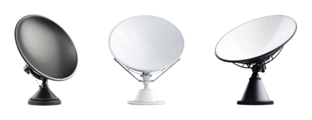 Modern satellite dishes in various designs and colors