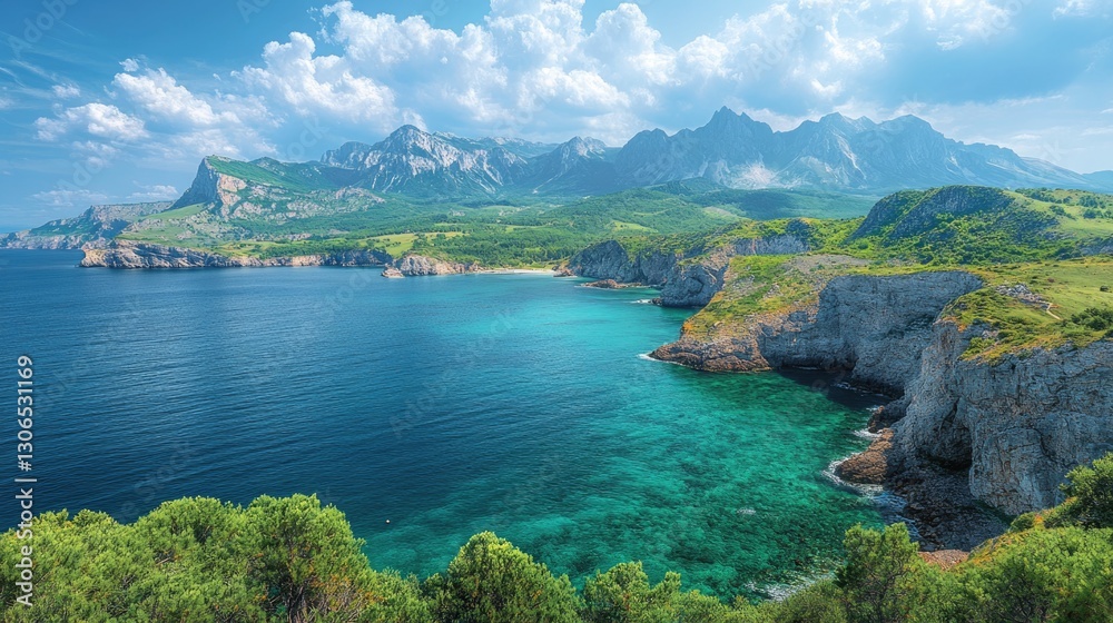 Poster scenic ocean view with mountains in the background, great for travel or nature-related projects