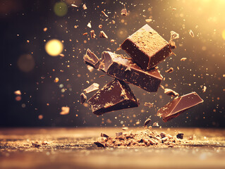 Close up of a special falling chocolate in a dark golden background 