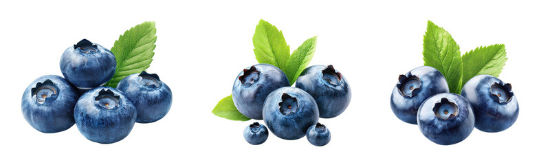 Obraz premium Fresh blueberries with green leaves on a transparent background