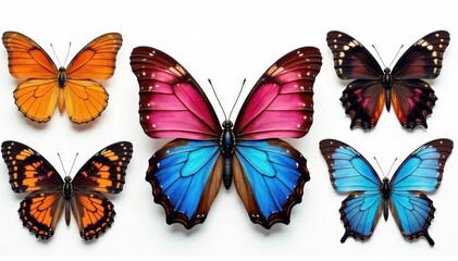 Obraz premium Vibrant butterflies, diverse species, isolated on white , macro, colorful