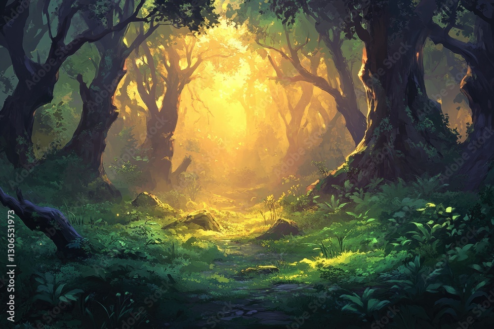 Poster Sunlit path through a mystical forest, ancient trees create a magical, enchanting atmosphere.