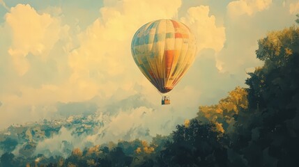 Naklejka premium Picturesque voyage: Hot air balloon drifting over a lush landscape at dawn