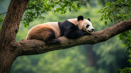 Giant panda resting on a tree branch in a lush green forest, peacefully lying with its paws hanging over the edge. Cute and sleepy wildlife scene in its natural habitat in China.

