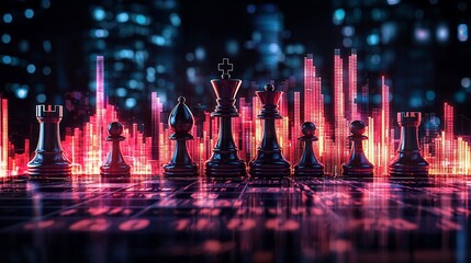 Chess pieces arranged in a strategic formation against a vibrant city skyline background