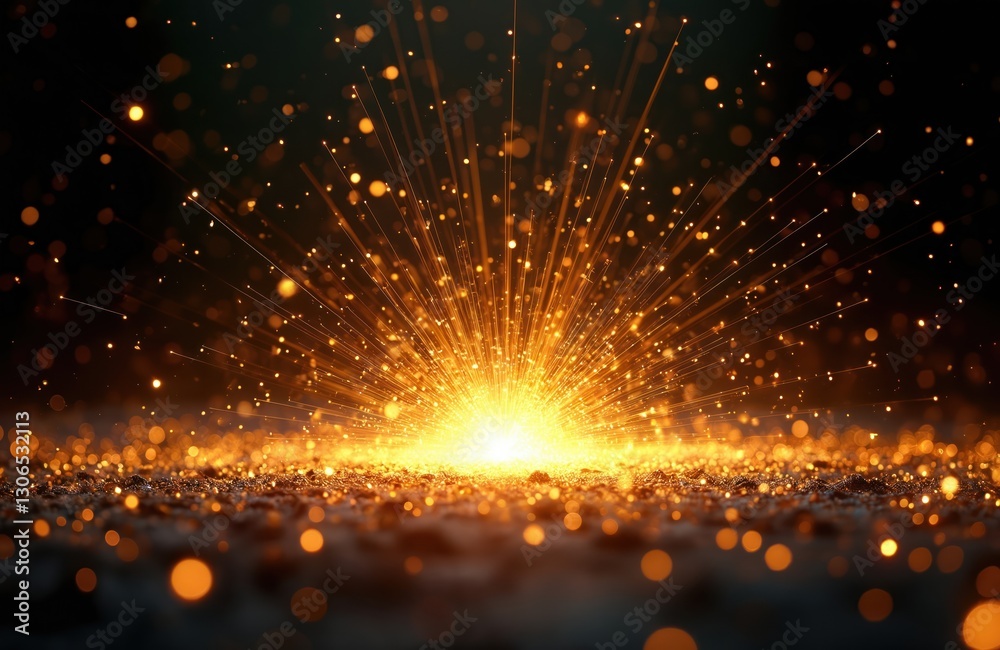 Poster golden sparks burst on dark background creating abstract, magical scene. glittering light rays emana