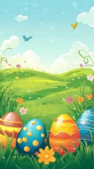 Colorful eggs on a grassy field under a bright sky.