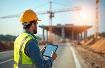 Engineer inspects road construction project using tablet. Man in hard hat, safety vest, uses technology for site supervision, control. Roadwork, highway development, infrastructure improvement,
