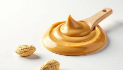 Peanut butter with peanuts falling into the surface on a white background, white background, fall