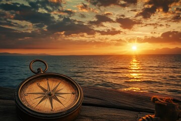 Antique compass on an ancient world map, highlighting a mesmerizing sunset over the vast ocean
