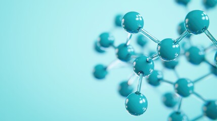 Close-up View of Molecular Structure with Blue and Transparent Spheres on Soft Blue Background