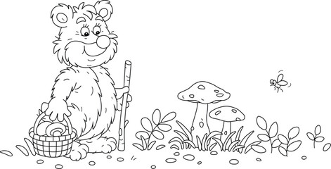 Funny bear mushroomer with a wicker basket walking through a summer forest glade and picking mushrooms among grass and branches, black and white outline vector cartoon illustration for a coloring book