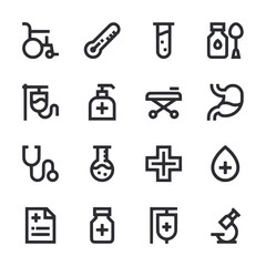 A set of medical icons including a stethoscope, thermometer, syringe, and more