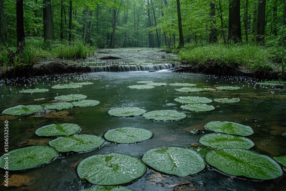 Poster A serene scene of a stream winding its way through a lush green forest, perfect for use in nature-inspired designs or as a calming background image