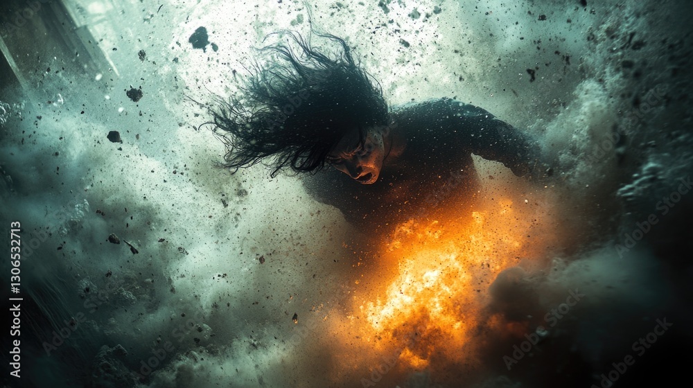 Poster a person is seen running through a fiery situation, possibly escaping danger or trying to rescue som