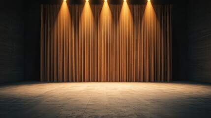 Fototapeta premium Empty Stage with Dramatic Spotlights and Velvet Curtains in a Dimly Lit Theatre Environment