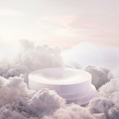 Empty round product stand stands in the sky among beautiful clouds
