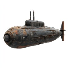 Fototapeta premium An image of an old, rusty submarine, seemingly abandoned and weathered. A relic of the sea's mysteries. 3d Transportation isolated in white background.