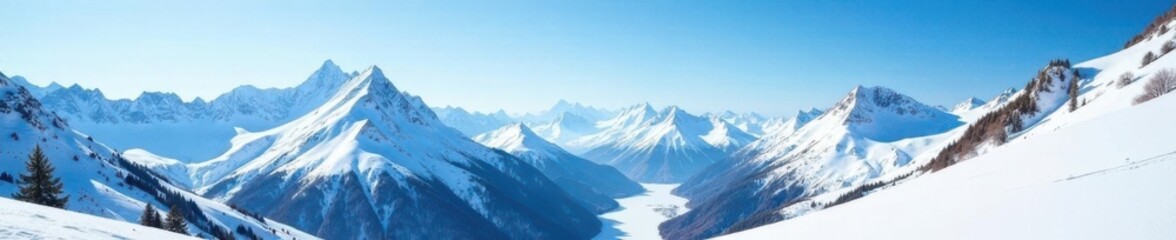 Obraz premium Snow-covered peaks and valleys under a clear blue sky, scenery, countryside