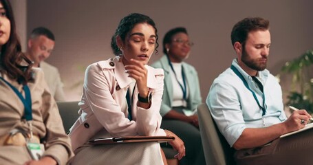 Office, audience and businesswoman with watch for conference, check time and tired in corporate workshop. Crowd, people and female pr specialist with clock in meeting, professional seminar and bored