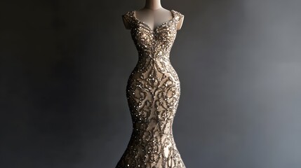 A sophisticated mermaid-style evening gown with intricate beadwork, elegantly displayed
