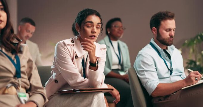 Office, audience and businesswoman with watch for conference, check time and tired in corporate workshop. Crowd, people and female pr specialist with clock in meeting, professional seminar and bored