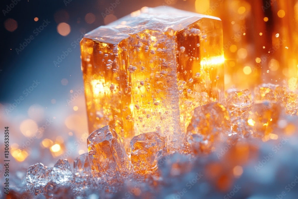 Poster A close-up shot of a block of ice with intricate ice crystals forming on its surface, suitable for use in winter-themed designs and cold weather-related content