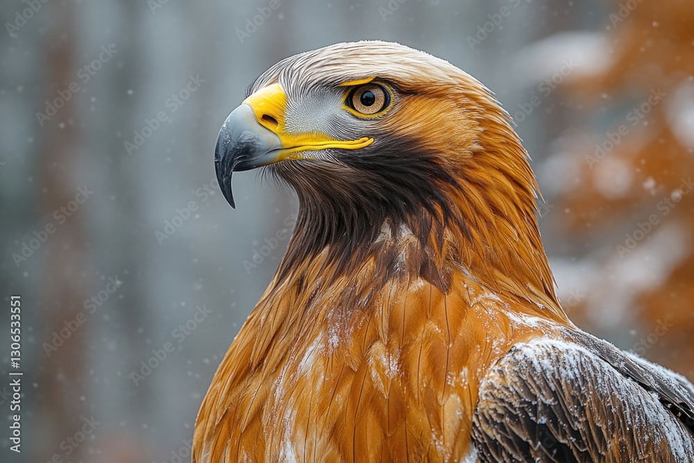 Poster a close-up shot of a bird of prey in a snowy environment, providing a unique perspective on this maj
