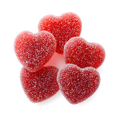 Fototapeta premium Red Jelly heart shaped candies coated in sugar, isolated on white background