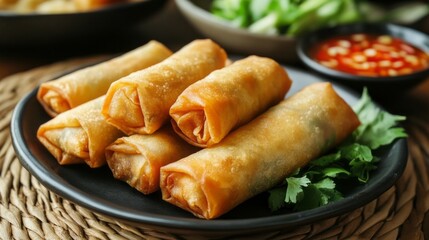 Golden and crispy deep fried spring rolls popiah are plated beautifully, accompanied by vibrant green herbs and a spicy dipping sauce, perfect for sharing at a lively gathering