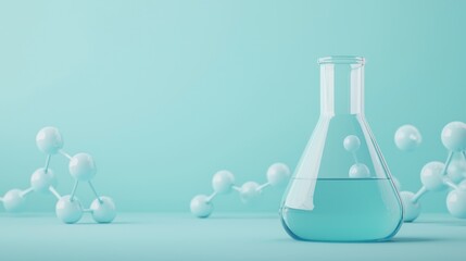 Glass Laboratory Flask with Blue Liquid and Molecular Structures on Soft Turquoise Background