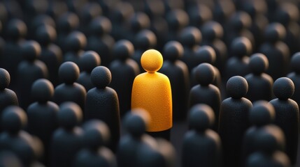Obraz premium Single Yellow Figure Standing Out Among Dark Black Figures in a Crowd Representation of Individuality and Uniqueness