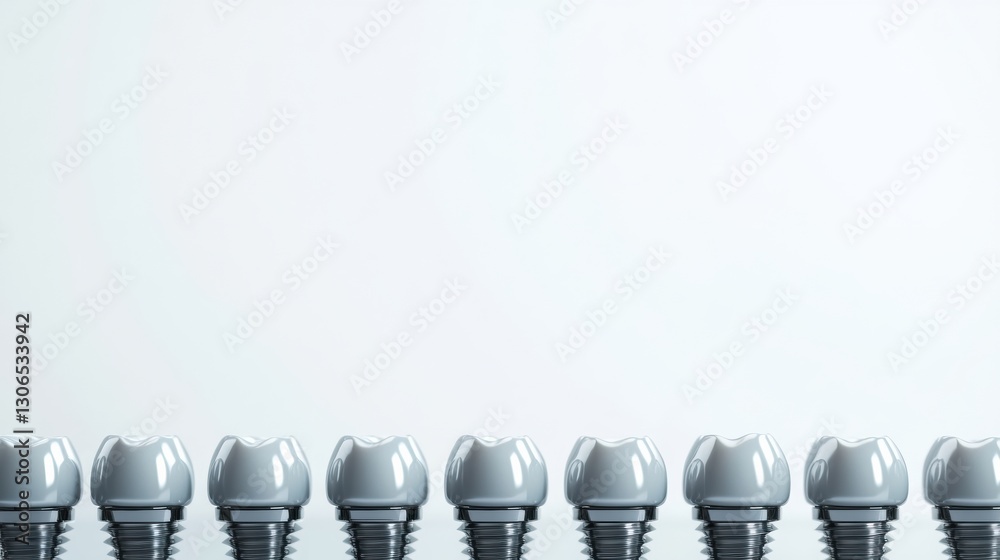 Poster Dental implants arranged in a row on a white background with smooth metal and ceramic features for clear visibility Generative AI
