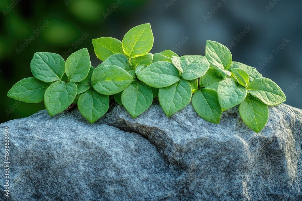 Poster a tiny plant grows out of the crevices of a rock, with some soil and roots visible