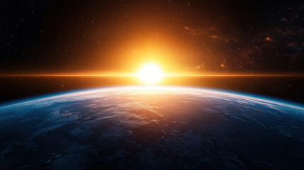 stunning view of Earth from space, showcasing vibrant sunrise over horizon, with stars twinkling in background, creating serene and awe inspiring atmosphere
