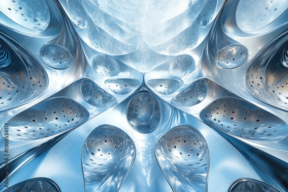 Leinwandbilder Abstract 3D rendering of a futuristic, metallic, biomorphic structure with flowing curves and perforated surfaces.