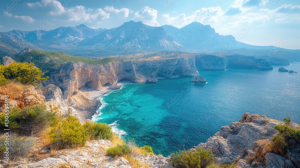 Poster panoramic view from the top of a hill, showing the ocean and mountains in the distance