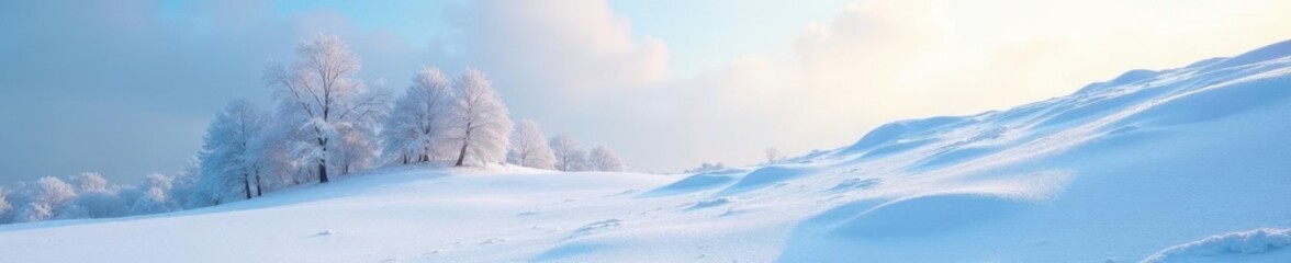 Snowdrift hill with bare trees and frosty sky, winter scenery, snowy hill, cold winter