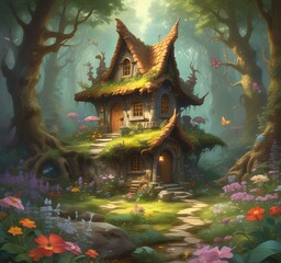 Illustration of goblin house in green forest.