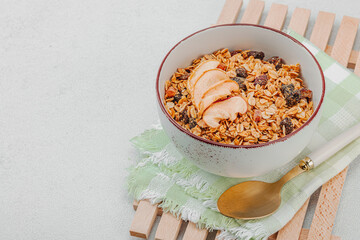 Vegan bowl with cereal granola with dried fruits. Ready to eat food, healthy breakfast concept