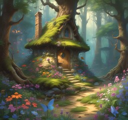 Illustration of goblin house in green forest.