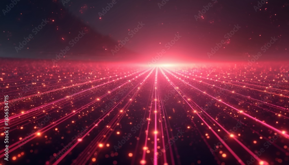 Aufkleber Futuristic tech themed thumbnail backdrop with digital grid extending to horizon in darker tones. Versatile abstract overlay for modern AI technology, big data analytic or virtual cyberspace projects.