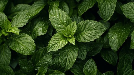 Close-up of raindrops on vibrant green leaves, nature and freshness, calming and peaceful, ultra-detailed, 8k